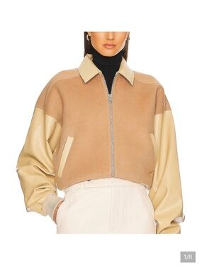 Two-Tone Cropped Bomber Jacket - Beige/Cream